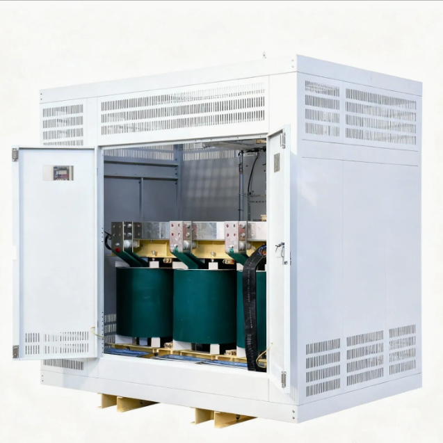 Open door view of cast resin dry type transformer windings and high voltage busbar